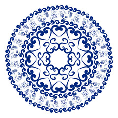 Blue abstract round background with flowers, leaves and grapes