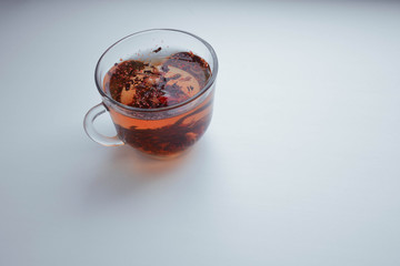 Top view of a cup hot tea.