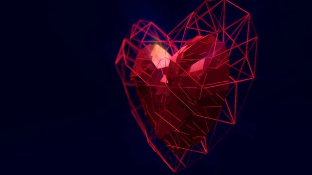 Beautiful poly heart rotation 360 degrees with the light rays. 3d rendering. HD 720.
