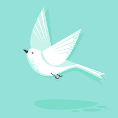 Flying dove bird vector flat style illustration. Minimalistic geometrical shapes design with cute bird, animal illustration. Small white dove bird isolated on blue