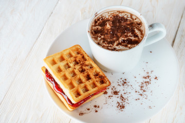 waffles with jam and cup cacao
