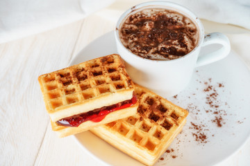 waffles with jam and cup cacao