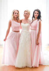 Happy bride and elegant bridesmaids in pink dress pose before br