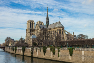Cathedral Notre Dame de Paris and Seine river in december , Paris, France