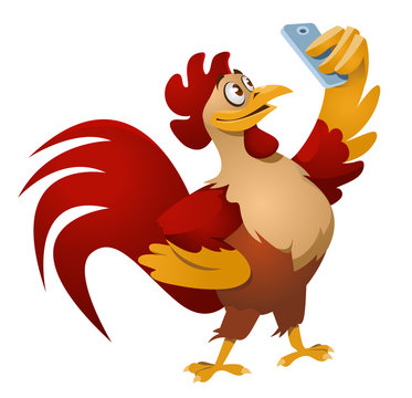 Red fire rooster making selfie. Cartoon styled vector illustration. Elements is grouped. No transparent objects.