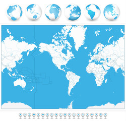 Fototapeta na wymiar America Centered Blank World Map and 3D globes and navigation icons. Highly detailed vector illustration of World Map with America in center.