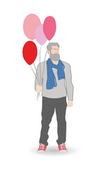 stylish man with a beard holds balloons. holiday concept. vector illustration
