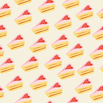 very favorite sweet pie/ Vector seamless pattern of cake pieces with heart symbol on a yellow background 