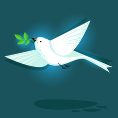 Flying dove bird and branch with leaves vector flat style illustration. Minimalistic geometrical shapes design with cute bird, animal illustration. White dove isolated on navy blue. Symbol of peace