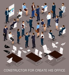 Business people isometric set for creating your office with the men and women in corporate attire isolated on a dark background vector illustration