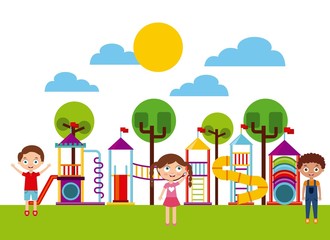 happy kids playing on the playground. colorful design. vector illustration