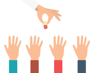 Hands of patient are trying to reach a pil in doctors hand