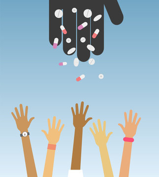 Black hand of drug dealer throw pills to people. Adolescent drug abuse conceptual illustration