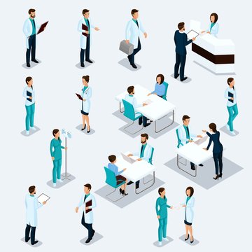 Set Isometric Doctors Hospital Staff Nurse 3D surgeons and patients. Healthcare professionals isolated Doctor Hospital team vector illustration