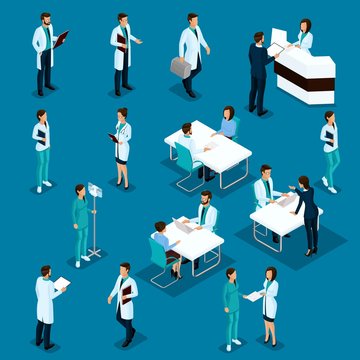Set Isometric Doctors Hospital Staff Nurse 3D surgeons and patients. Health experts hospital isolated on a blue background. Vector illustration