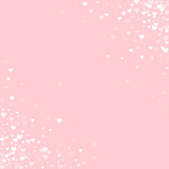 White hearts confetti. Scatter cornered border on pale_pink valentine background. Vector illustration.