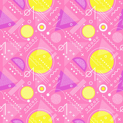 Seamless 1980s inspired graphic pattern of lines and geometric shapes. memphis style