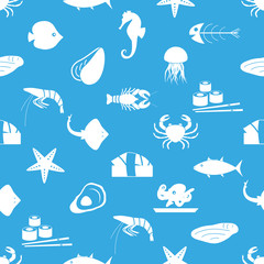 seafood and fish food theme set of icons blue and white seamless pattern eps10