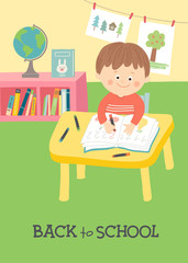 Back to school card, poster design. Cute boy writing at desk in classroom
