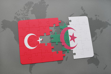 puzzle with the national flag of turkey and algeria on a world map