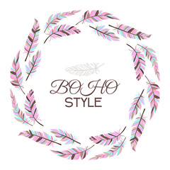Boho style. Wreath of vintage feathers on a white background.