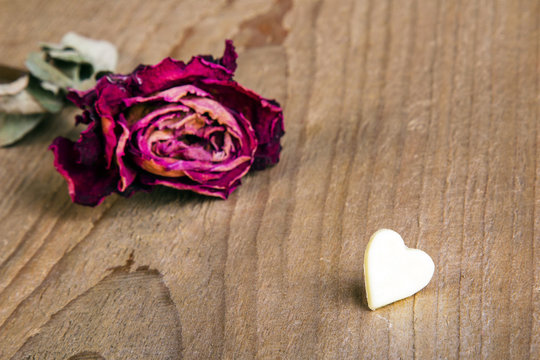dried rose and chocolate heart on a wooden table, copy space