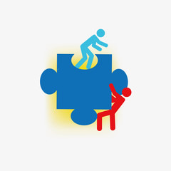 Big blue puzzle with two human figures on it, white background