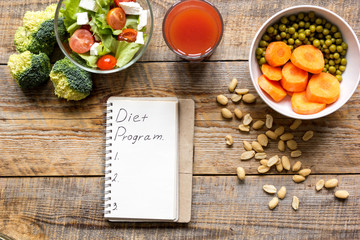 concept diet, slimming plan with vegetables top view mock up