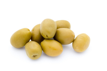 Green big olives on the white background.