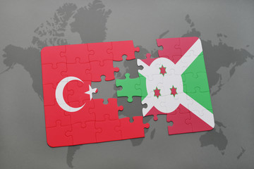 puzzle with the national flag of turkey and burundi on a world map