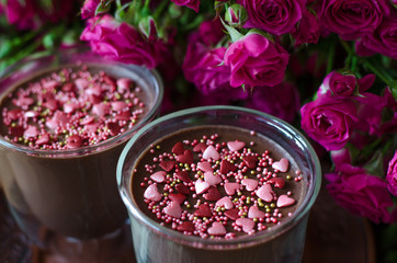 Chocolate panna cotta with cinnamon hearts and roses for Valenti