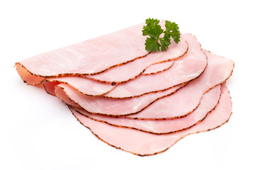 Obraz premium Thin slices of ham on white background.