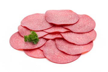 Salami smoked sausage one slice isolated on white background cut