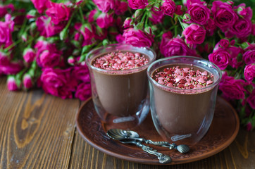 Chocolate panna cotta with cinnamon hearts and roses for Valenti