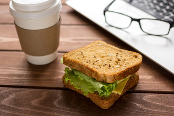 concept of lunch in officeat work top view