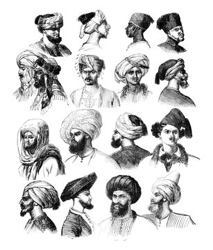 How to adjust the turbans, vintage engraving.