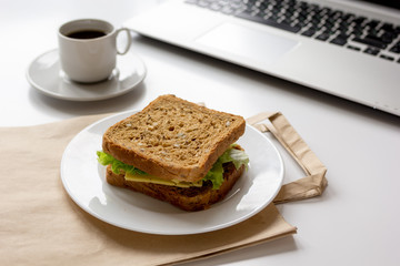 concept of lunch in officeat work top view