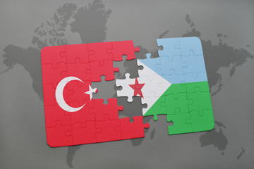 puzzle with the national flag of turkey and djibouti on a world map
