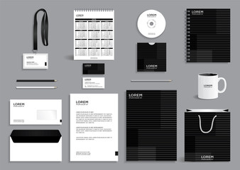Business stationery set template, corporate identity design mock-up containing black pattern with horizontal stripes