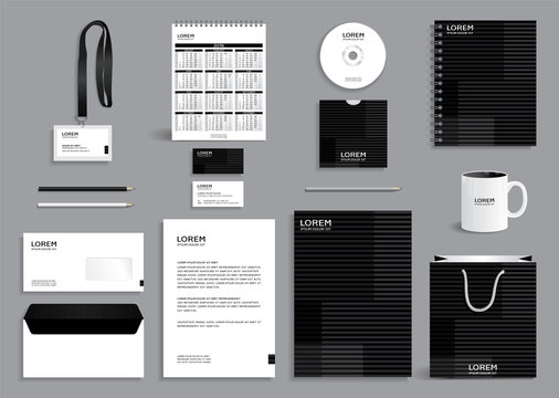 Business stationery set template, corporate identity design mock-up containing black pattern with horizontal stripes