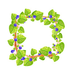 Square frame of green leaves, berries and branches. Watercolor illustration.