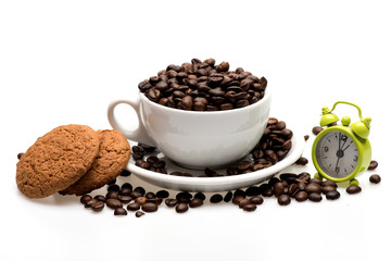 coffee, cup, alarm clock and oatmeal cookies isolated on white