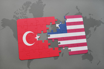 puzzle with the national flag of turkey and liberia on a world map