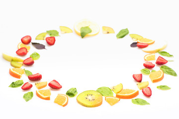 colorful fruit mix dessert isolated on white, copy space