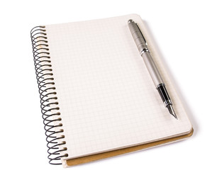Notebook with elegant fountain pen on white background