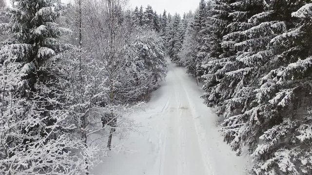 aerial footage of drone flying over frozen forest road