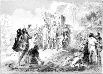 Discovery of the New World by Christopher Columbus, vintage engr