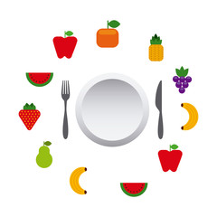 fruits and vegetables around plate and silverware. colorful design. vector illustration