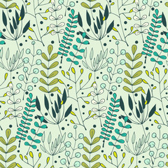 Seamless background with hand-drawn herbs of different colors. Pattern.