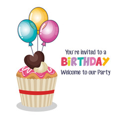 happy birthday party invitation with balloons air and sweet cake